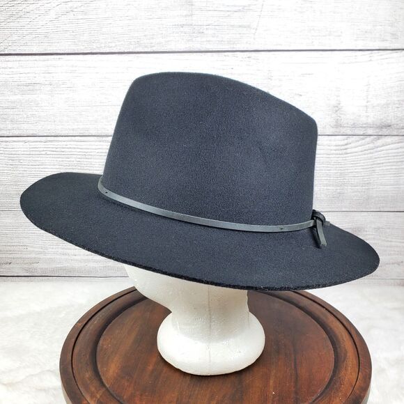 Brixton 100% Wool Black Fedora Hat Black Leather Band Size Medium 7 1/4 - Picture 2 of 7